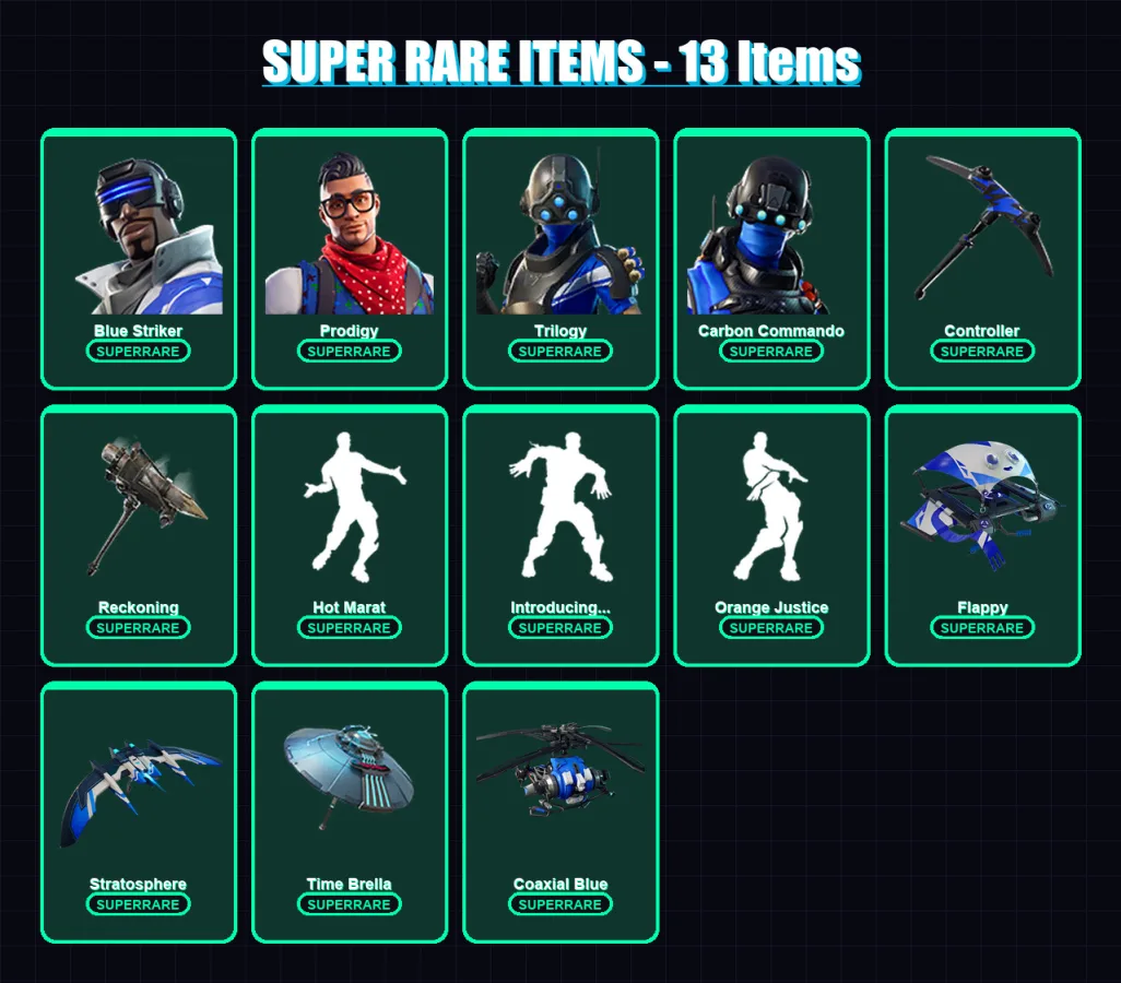 [PS4/PS5/XBOX/PC] | Blue Striker | Prodigy | Trilogy | Carbon Commando | Valeria | 97 skin | 135 pickaxe | 127 emote | 127 glider | Lv2419