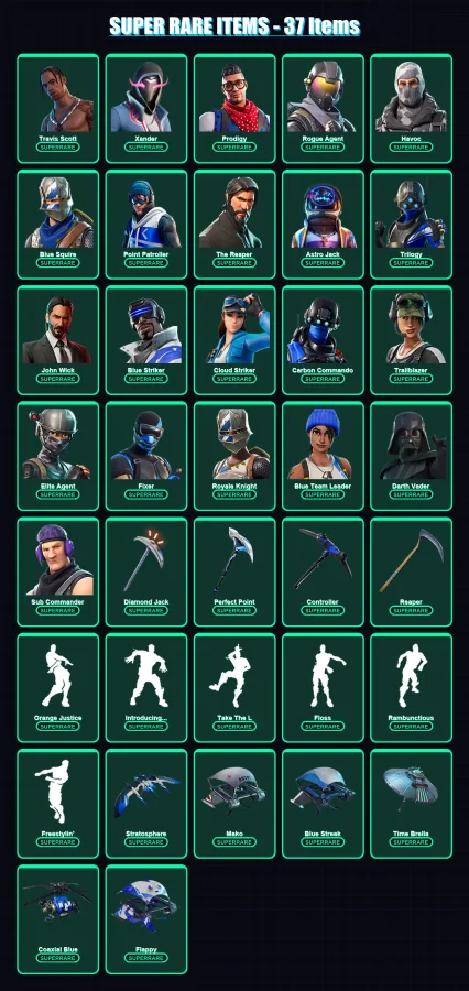 [PC/XBOX] | Travis Scott | Xander | Prodigy | Rogue Agent | Havoc | 195 skin | 181 pickaxe | 137 emote | 138 glider | Lv1835