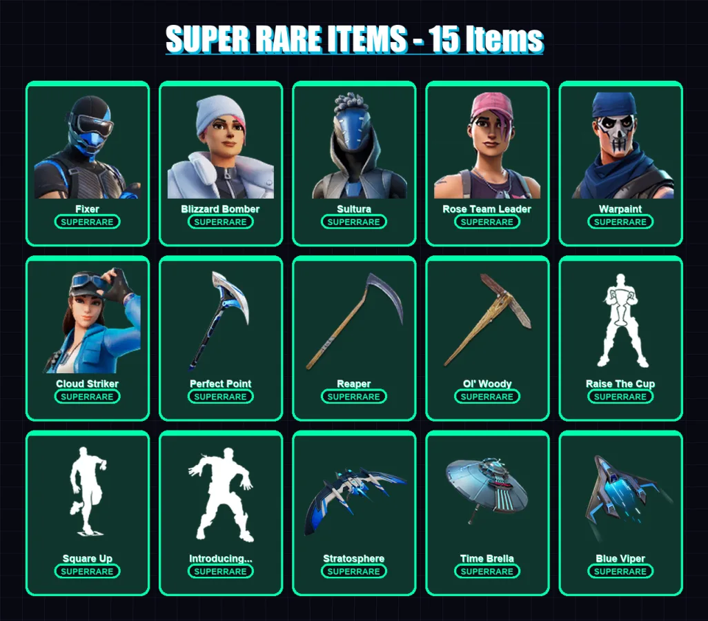 [PS4/PS5/XBOX/PC] | Fixer | Blizzard Bomber | Sultura | Rose Team Leader | Warpaint | 153 skin | 172 pickaxe | 117 emote | 142 glider | Lv2001