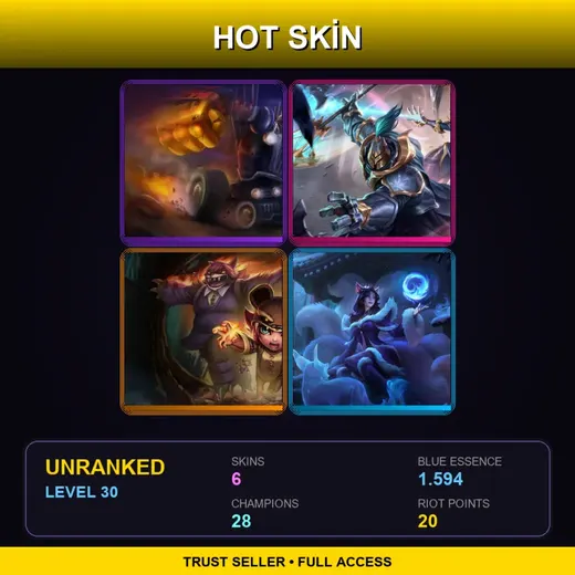 EUW | Piltover Customs Blitzcrank | Warden Jax | Reverse Annie | Midnight Ahri | 6 Skin | 28 Champ | Lv30