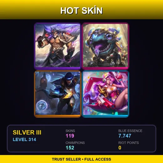 ME | Victorious Tryndamere | Victorious Kog'Maw | Pulsefire Twisted Fate | Arcade Miss Fortune | 119 Skin | 152 Champ | Silver III | Lv314