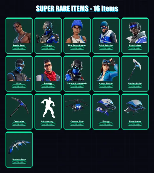 [PS4/PS5/XBOX/PC] | Travis Scott | Trilogy | Blue Team Leader | Point Patroller | Blue Striker | 41 skin | 47 pickaxe | 66 emote | 50 glider | Lv106