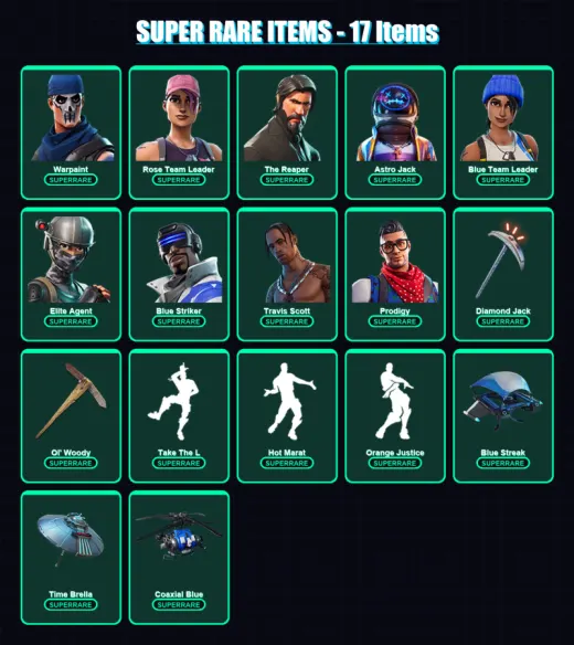 [PC] | Warpaint | Rose Team Leader | The Reaper | Astro Jack | Blue Team Leader | 69 skin | 71 pickaxe | 94 emote | 81 glider | Lv1118