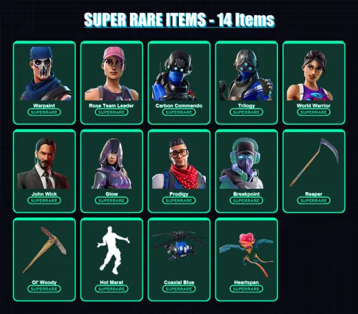 [PC/XBOX/PSN] | Warpaint | Rose Team Leader | Carbon Commando | Trilogy | World Warrior | 133 skin | 116 pickaxe | 110 emote | 94 glider | Lv1375