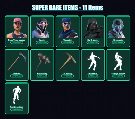 [PC/PSN] | Rose Team Leader | Xander | Warpaint | Darth Vader | Breakpoint | 106 skin | 88 pickaxe | 109 emote | 77 glider | Lv1250