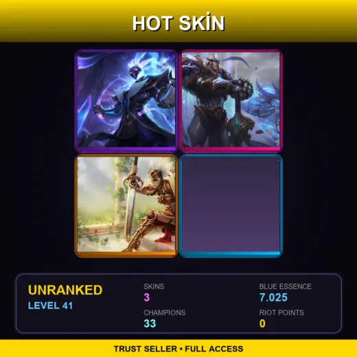 NA | Pulsefire Thresh | God-King Garen | Valkyrie Leona | 3 Skin | 33 Champ | Lv41
