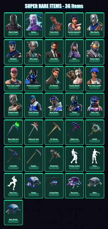 [PS4/PS5/XBOX/PC] | Black Knight | Galaxy | Travis Scott | Sparkle Specialist | Blue Squire | 108 skin | 140 pickaxe | 126 emote | 96 glider | Lv108