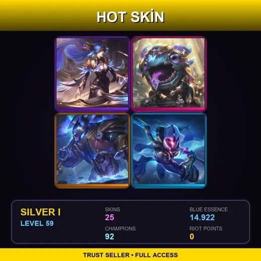 LAN | Victorious Sona | Victorious Kog'Maw | Cosmic Paladin Nautilus | Cosmic Blade Master Yi | 25 Skin | 92 Champ | Silver I | Lv59