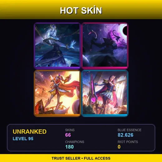 VN | Star Guardian Seraphine | Battle Academia Caitlyn | High Noon Yone | High Noon Talon | 66 Skin | 180 Champ | Lv95