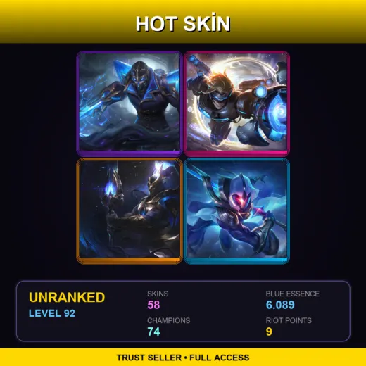 VN | Hextech Kassadin | Pulsefire Ezreal | Cosmic Defender Xin Zhao | Cosmic Blade Master Yi | 58 Skin | 74 Champ | Lv92