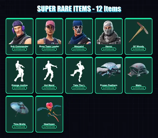 [PC] | Sub Commander | Rose Team Leader | Warpaint | Havoc | Enforcer | 99 skin | 145 pickaxe | 120 emote | 141 glider | Lv2053
