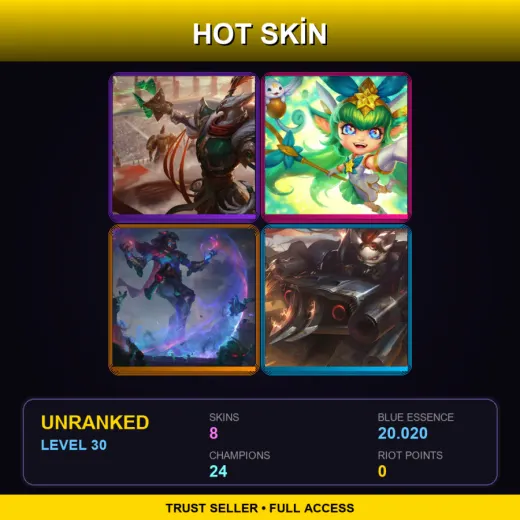 TW | Warring Kingdoms Azir | Star Guardian Lulu | Worldbreaker Malzahar | Badlands Baron Rumble | 8 Skin | 24 Champ | Lv30
