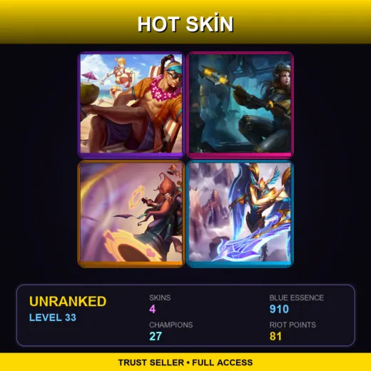 EUW | Pool Party Lee Sin | Steel Legion Lux | Groovy Zilean | Justicar Aatrox | 4 Skin | 27 Champ | Lv33