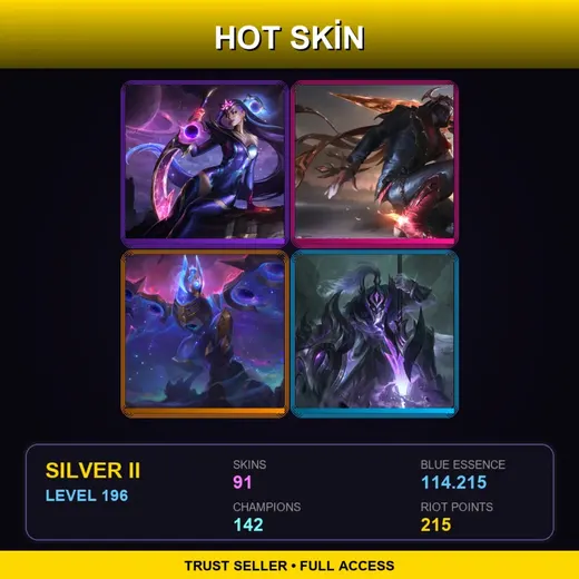 SG | Prestige Dark Cosmic Diana | Prestige High Noon Talon | Ashen Conqueror Pantheon | Victorious Fiora | 91 Skin | 142 Champ | Silver II | Lv196
