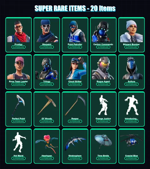 [PC/XBOX] | Prodigy | Warpaint | Point Patroller | Carbon Commando | Blizzard Bomber | 176 skin | 208 pickaxe | 174 emote | 173 glider | Lv2490
