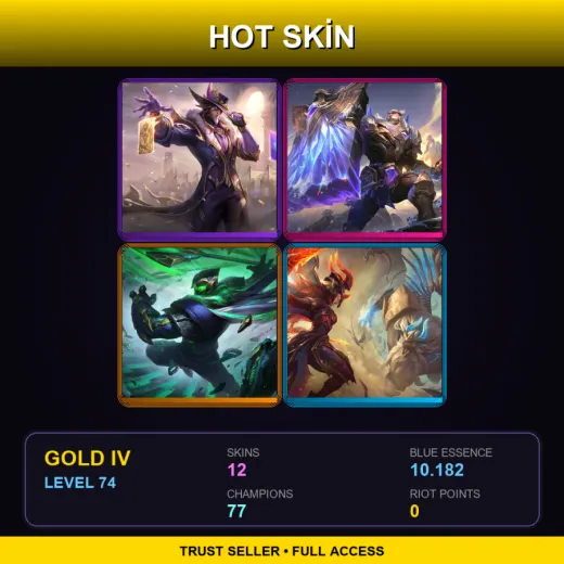 LAS | Victorious Twisted Fate | Victorious Braum | Conqueror Jax | Dragon Guardian Galio | 12 Skin | 77 Champ | Gold IV | Lv74