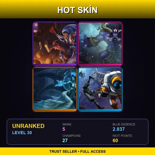 LAS | Masked Shaco | Unchained Alistar | Ghost Bride Morgana | AstroNautilus | 5 Skin | 27 Champ | Lv30