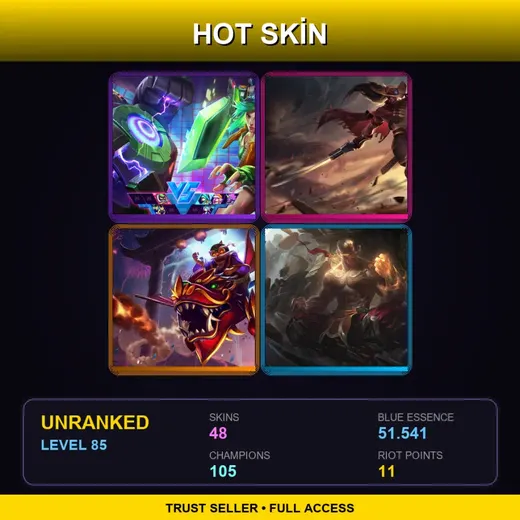 BR | Arcade Riven | High Noon Yasuo | Dragonwing Corki | God Fist Lee Sin | 48 Skin | 105 Champ | Lv85