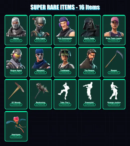 [PC/XBOX/PSN] | Havoc | Elite Agent | Sub Commander | Darth Vader | Rose Team Leader | 107 skin | 80 pickaxe | 75 emote | 75 glider | Lv924