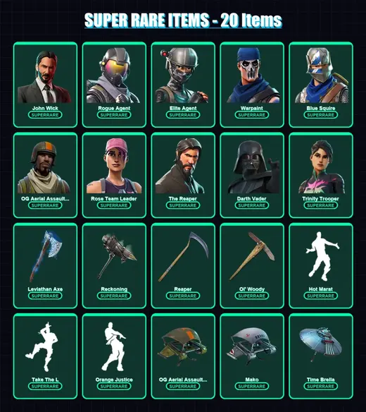 [PC/PSN] | John Wick | Rogue Agent | Elite Agent | Warpaint | Blue Squire | 390 skin | 365 pickaxe | 303 emote | 289 glider | Lv5650