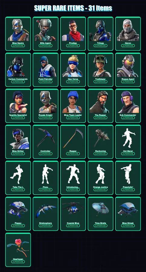 [PC/XBOX] | Blue Squire | Elite Agent | Prodigy | Trilogy | Havoc | 145 skin | 175 pickaxe | 138 emote | 144 glider | Lv2381