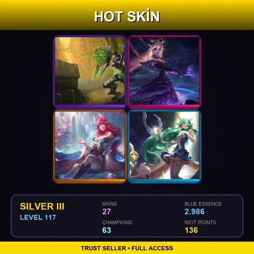 SG | Hextech Singed | Spirit Blossom Ahri | Star Guardian Soraka | Dark Cosmic Lux | 27 Skin | 63 Champ | Silver III | Lv117
