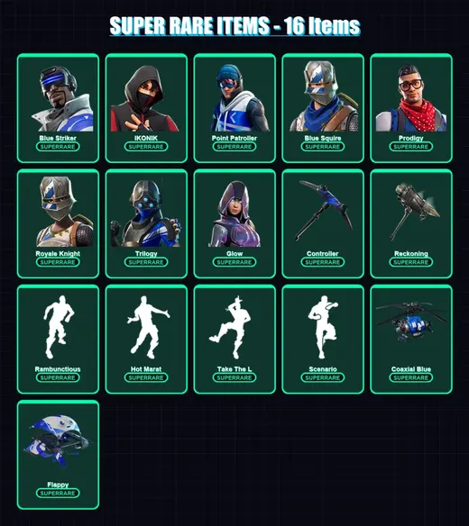 [PS4/PS5/XBOX/PC] | Blue Striker | IKONIK | Point Patroller | Blue Squire | Prodigy | 57 skin | 35 pickaxe | 67 emote | 48 glider | Lv523
