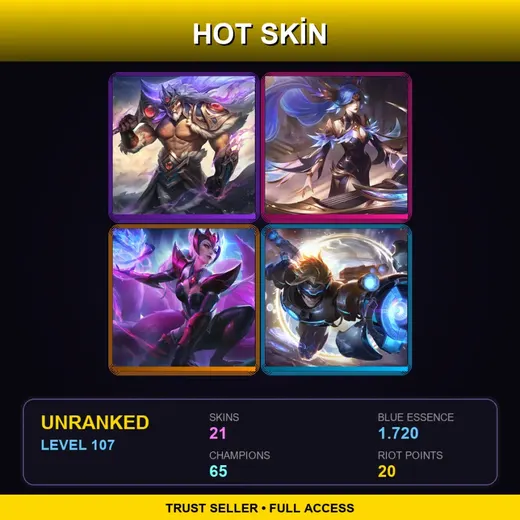 ME | Victorious Tryndamere | Victorious Sona | Challenger Ahri | Pulsefire Ezreal | 21 Skin | 65 Champ | Lv107