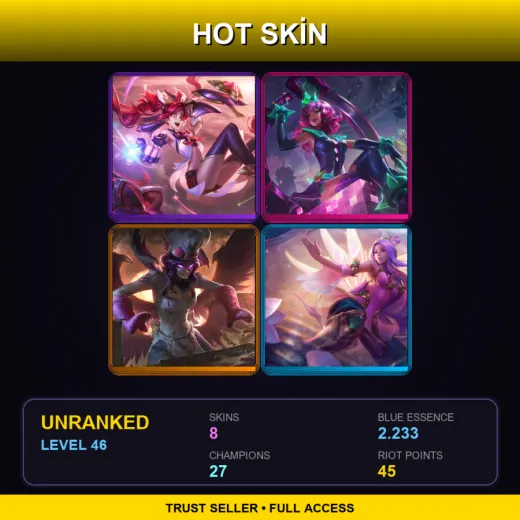 EUNE | Star Guardian Jinx | Battle Boss Qiyana | Sinful Succulence Morgana | Order of the Lotus Irelia | 8 Skin | 27 Champ | Lv46