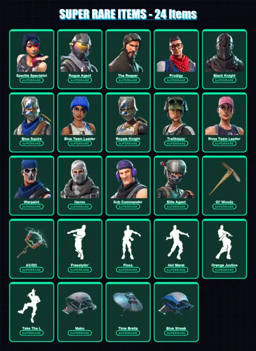 [PS4/PS5/XBOX/PC] | Sparkle Specialist | Rogue Agent | The Reaper | Prodigy | Black Knight | 59 skin | 46 pickaxe | 73 emote | 54 glider | Lv750