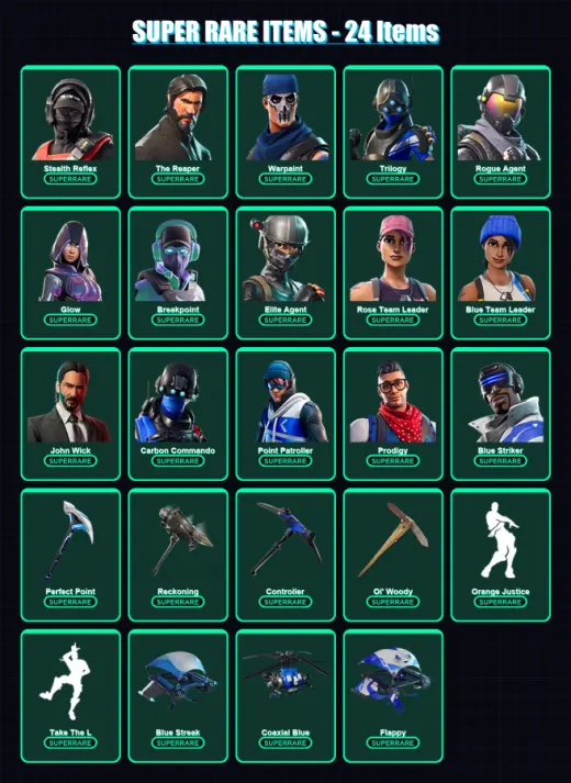 [PS4/PS5/XBOX/PC] | Stealth Reflex | The Reaper | Reflex | Warpaint | Trilogy | 168 skin | 134 pickaxe | 109 emote | 116 glider | Lv1730