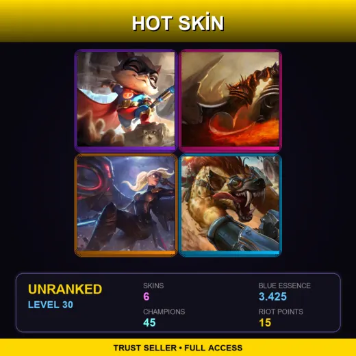 LAS | Super Teemo | Demonblade Tryndamere | Riot Kayle | Hyena Warwick | 6 Skin | 45 Champ | Lv30