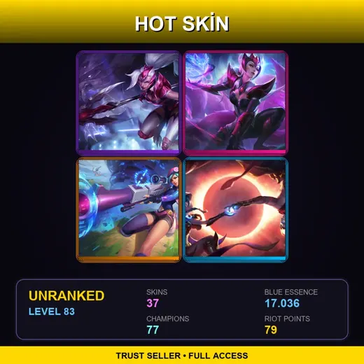 VN | Challenger Nidalee | Challenger Ahri | Battle Academia Caitlyn | Blood Moon Tryndamere | 37 Skin | 77 Champ | Lv83