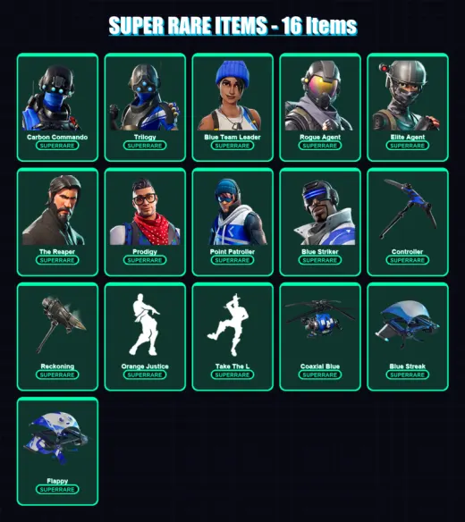 [PS4/PS5/PC] | Carbon Commando | Trilogy | Blue Team Leader | Rogue Agent | Elite Agent | 41 skin | 30 pickaxe | 40 emote | 32 glider | Lv448