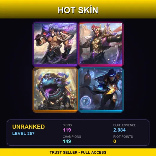 VN | Victorious Tryndamere | Victorious Draven | Victorious Kog'Maw | Pulsefire Twisted Fate | 119 Skin | 149 Champ | Lv257 — Heavenscale Lee Sin