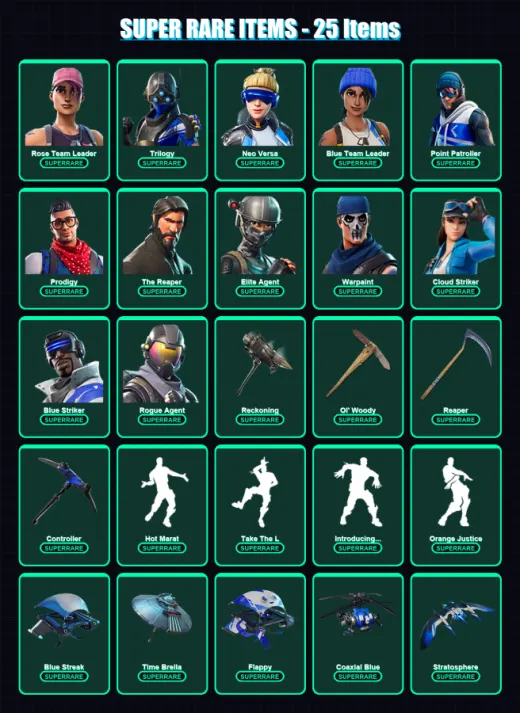[PC/XBOX] | Rose Team Leader | Trilogy | Neo Versa | Blue Team Leader | Point Patroller | 84 skin | 105 pickaxe | 105 emote | 99 glider | Lv1347