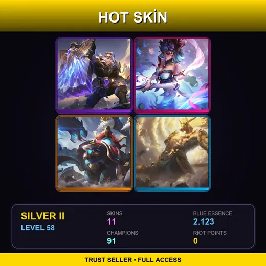 LAS | Victorious Braum | Spirit Blossom Evelynn | Mecha Kingdoms Skarner | Lunar Guardian Nasus | 11 Skin | 91 Champ | Silver II | Lv58