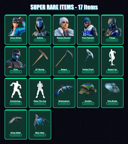 [PC] | Cloud Striker | Sultura | Blizzard Bomber | Point Patroller | Trilogy | 113 skin | 128 pickaxe | 118 emote | 108 glider | Lv1572