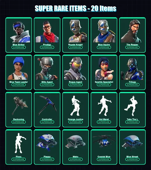 [PS4/PS5/XBOX/PC] | Blue Striker | Prodigy | Royale Knight | Blue Squire | The Reaper | 110 skin | 96 pickaxe | 108 emote | 117 glider | Lv1838