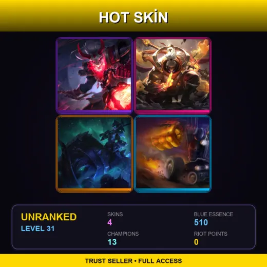 LAS | Blood Moon Thresh | God Staff Jax | Darkrider Sejuani | Piltover Customs Blitzcrank | 4 Skin | 13 Champ | Lv31