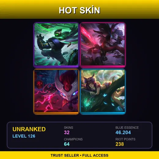 BR | Conqueror Jax | Blood Moon Sivir | Blood Moon Kennen | Elderwood Ahri | 32 Skin | 64 Champ | Lv126