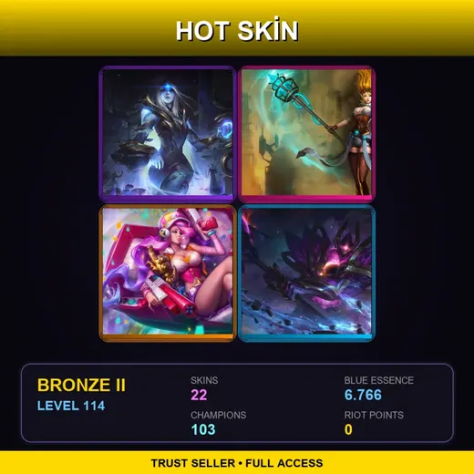 TR | Hextech Janna | Dark Star Mordekaiser | Star Guardian Akali | High Noon Twitch | 22 Skin | 103 Champ | Bronze II | Lv114