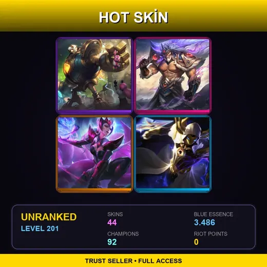 LAS | Victorious Blitzcrank | Victorious Tryndamere | Challenger Ahri | Cosmic Reaver Kassadin | 44 Skin | 92 Champ | Lv201