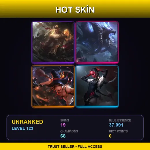BR | God Fist Lee Sin | Thunder Lord Volibear | Bewitching Nidalee | Masque of the Black Rose Elise | 19 Skin | 68 Champ | Lv123 — Snow Man Yi