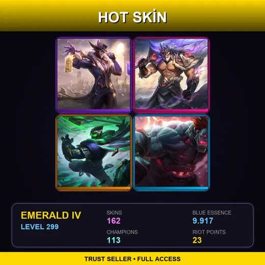 ME | Victorious Twisted Fate | Victorious Tryndamere | Conqueror Jax | Hextech Sion | 162 Skin | 113 Champ | Emerald IV | Lv299
