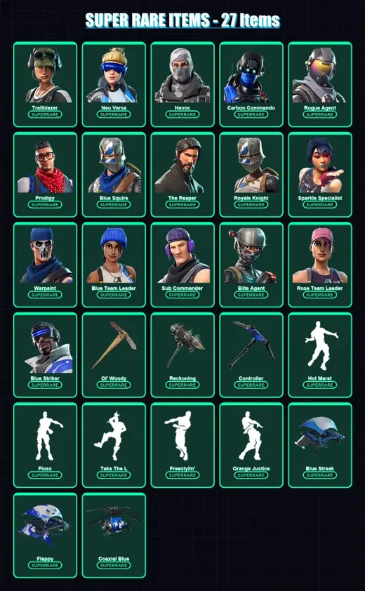 [PS4/PS5/XBOX/PC] | Trailblazer | Neo Versa | Havoc | Carbon Commando | Rogue Agent | 93 skin | 67 pickaxe | 88 emote | 78 glider | Lv1041