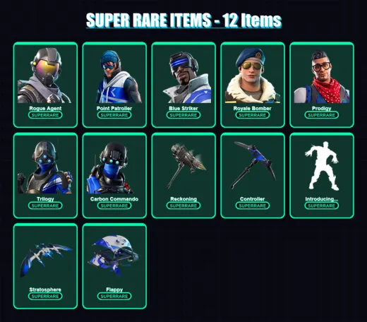 [PS4/PS5/XBOX/PC] | Rogue Agent | Point Patroller | Blue Striker | Royale Bomber | Prodigy | 74 skin | 35 pickaxe | 58 emote | 37 glider | Lv423