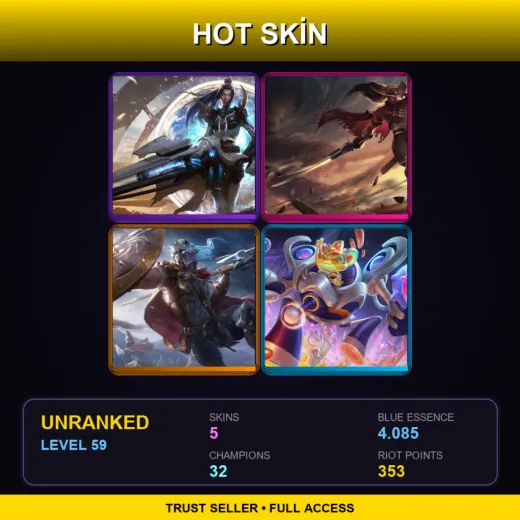 TR | Pulsefire Caitlyn | High Noon Yasuo | Glaive Warrior Pantheon | Space Groove Rumble | 5 Skin | 32 Champ | Lv59