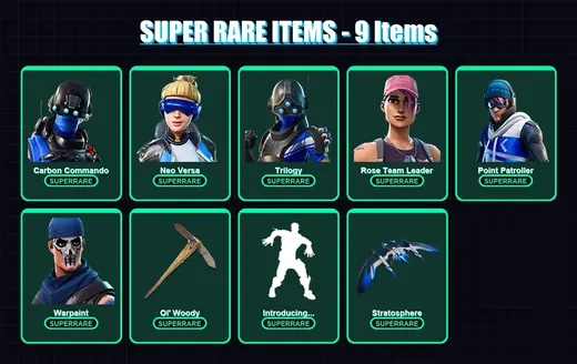 [PC/XBOX/PSN] | Carbon Commando | Neo Versa | Trilogy | Rose Team Leader | Point Patroller | 57 skin | 54 pickaxe | 79 emote | 55 glider | Lv656
