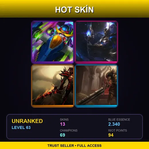 BR | Arcade Corki | Cosmic Defender Xin Zhao | Dragonslayer Jarvan IV | Viking Tryndamere | 13 Skin | 69 Champ | Lv63
